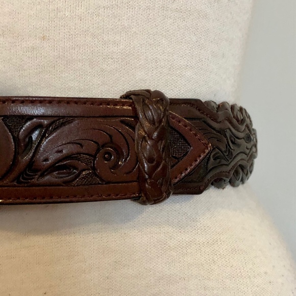 Brown Vintage Tooled/Braided Mexican Leather Belt - Picture 3 of 13